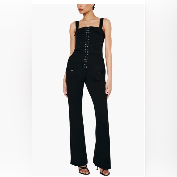 Good American Women’s Lace Up Utility Twill Bootcut Black Jumpsuit Sz M NWT